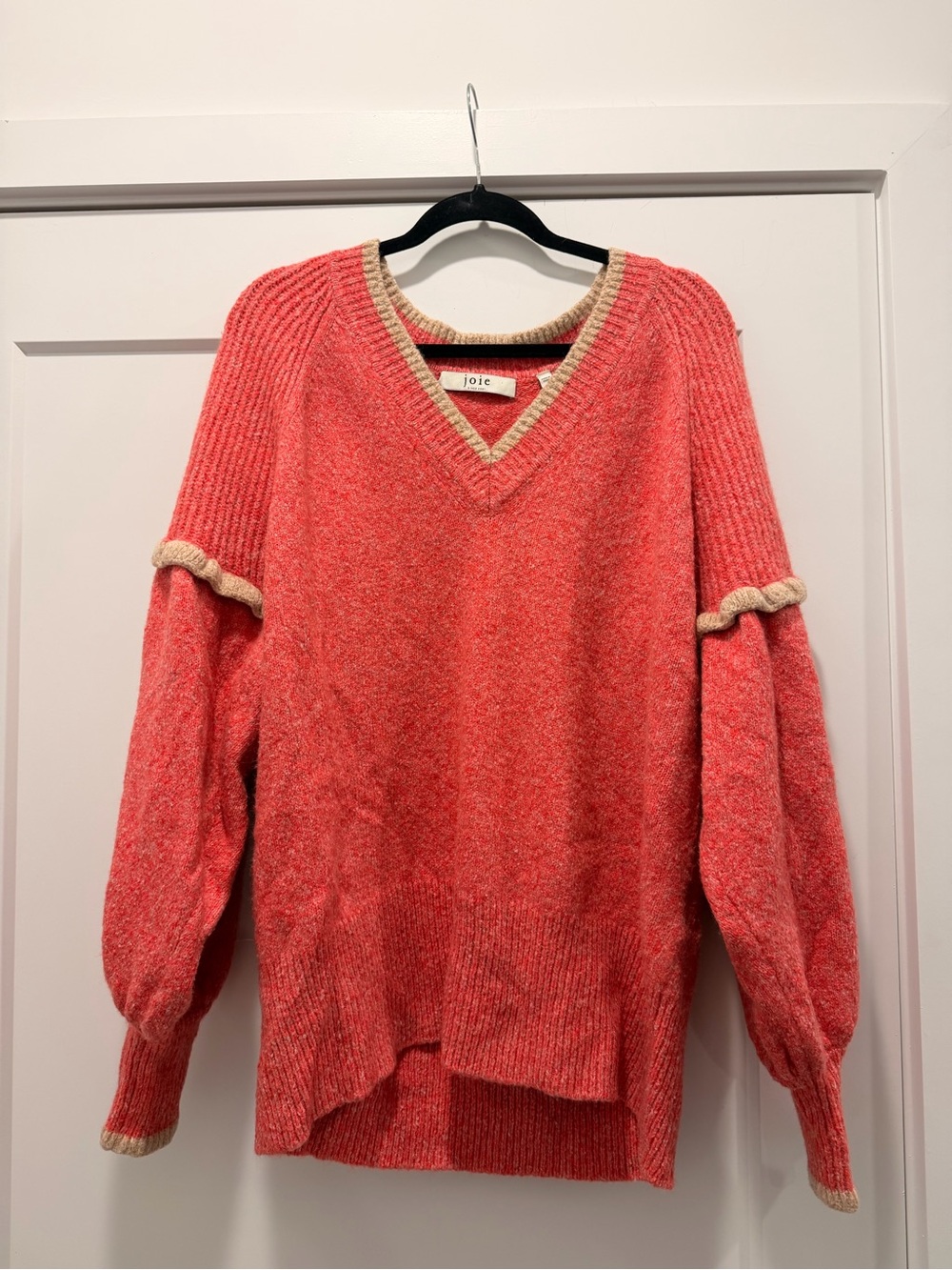 Joie Coral-Peach V-Neck Sweater with Cream Trim